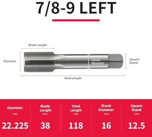 7/8-9 Left Hand Straight Flute Thread Tap Machine Tap HSS (High Speed Steel) Threading Tapping Repair Tools DRINYOUNG (7/8-9 Left)