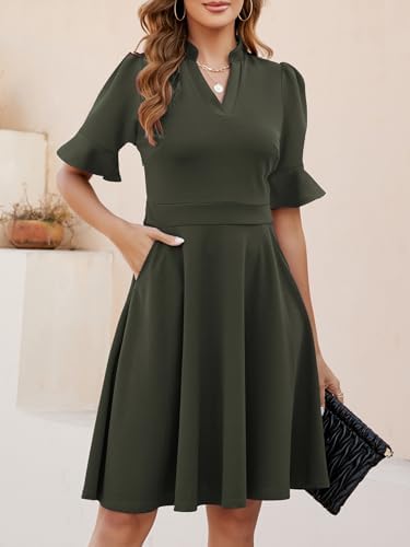 Mokayee Womens Summer V Neck Ruffle Short Sleeve Fit and Flare Knee Length Church Wedding Guest Dresses with Pockets