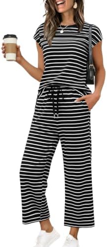 WIHOLL Two Piece Sets for Women Summer Spring Travel Vacation Outfits Cap Sleeve Lounge Matching Sets Wide Leg Pants S-3XL