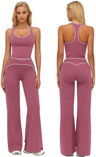 ABOCIW Two Piece Workout Sets for Women Racerback Tank Top Matching High Waist Wide Leg Yoga Pants Pilates Outfits