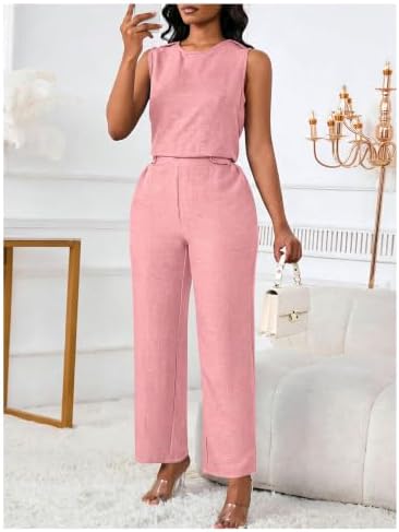 Floerns Women's 2 Piece Sets Dressy Outfits Bussiness casual Crew Neck Sleeveless Blouse and Elegant Pants Set