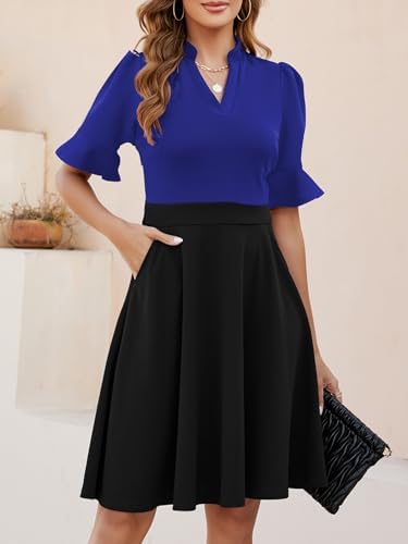 Mokayee Womens Summer V Neck Ruffle Short Sleeve Fit and Flare Knee Length Church Wedding Guest Dresses with Pockets
