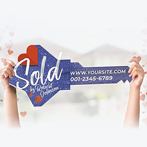 Customized Real Estate Sold Key Prop - Personalized Giant Key Sign for Realtors - Custom Sold Key for Real Estate Marketing - Real Estate Closing Prop House Key - Blue Heart Style Size L