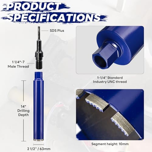 2-1/2" Concrete Core Drill Bit with SDS Plus Adapter(1-1/4"-7 Thread) - 14" Cutting Depth & Upgraded Welded Teeth Core Bits for Concrete with Rebar, Brick, Masonry,Stucco,Mortar,Wet Coring