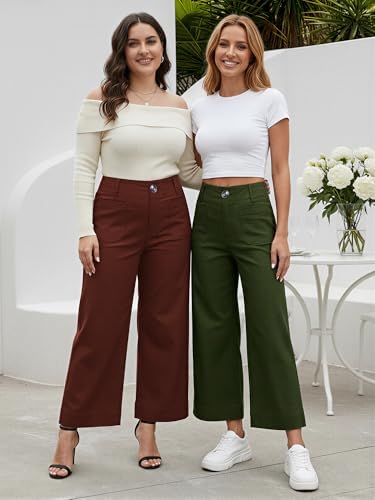 MOHHOM Women’s High Waisted Wide Leg Cropped Pants Stretchy Business Casual Work Pants with Pockets