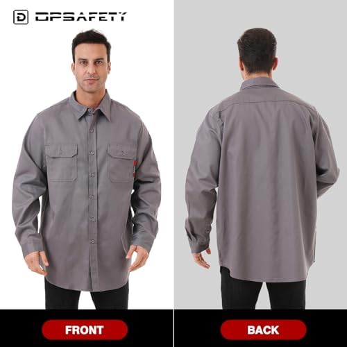 FR Shirt 7oz Fire Resistant Shirts Men's,CAT2 Welding Shirt 100% Cotton Flame Resistant Shirts Gray (Medium)