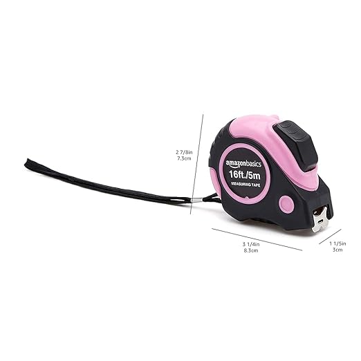 Amazon Basics Retractable Tape Measure with Metric and SAE Measurements, 16ft/5m, Belt Clip, Readable, Pink