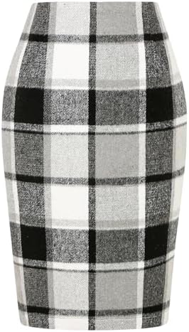 IDEALSANXUN Plaid Skirts for Women Fall Winter Knee Length Pencil Wool Skirt with Slit