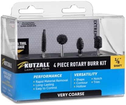 Kutzall 4-Piece Rotary Burr Kit - 1⁄8" Shaft, Very Coarse - Wood Carving Bits for Dremel, Foredom, Ryobi, DeWalt, Milwaukee Tools - Structured Tungsten Carbide