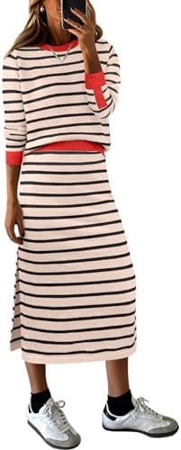 ANRABESS Women 2 Piece Striped Sweater Skirt Set