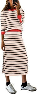 ANRABESS Women 2 Piece Striped Sweater Skirt Set