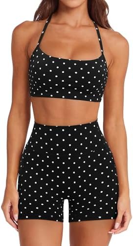 SUUKSESS Women 2 Piece Workout Sets Padded Halter Sports Bras High Waisted Biker Shorts with Pockets