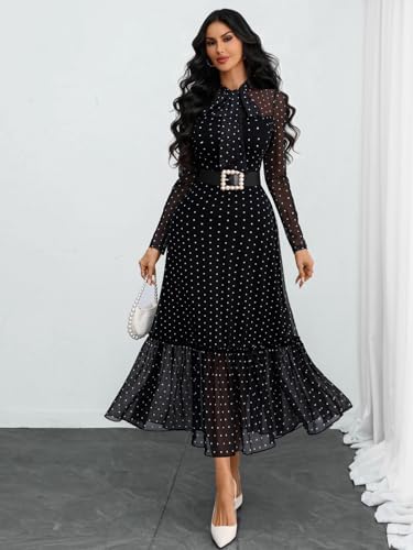 GothDark Polka dot Dress for Women Tie Neck Bow Ruffle Fall Vintage Dress