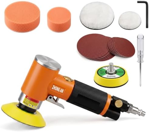 2 & 3 Inch Random Orbital Air Sander, 13,000 RPM Pneumatic DA Mini Sander with Polishing Pads and Sanding Discs, Air Polisher Tool for Auto Detailing, Woodworking, Orange