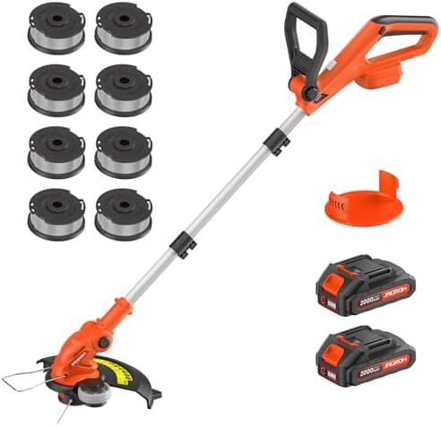 Electric String Trimmer Cordless with 2x2.0Ah Battery, 20V Weed Wacker Weed Eater with Charger, 12" Lawn Mover & Edger Lawn Tool, Powered Grass Trimmer with 8pcs Spool Line for Yard, Garden, Orange