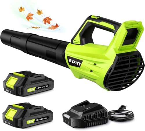 Leaf Blower Cordless, Leaf Blower with Battery and Charger - 2 Speed Modes, 2 Batteries, 20V Powerful Lightweight Electric Blowers for Blowing Leaves, Dust, Lawn Care, Patio Cleaning, Green
