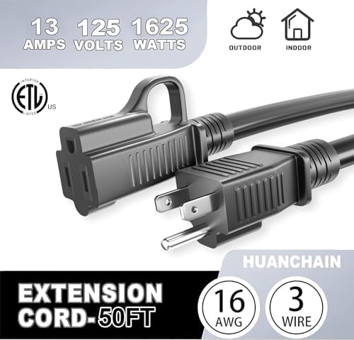 HUANCHAIN Black Outdoor Extension Cord 50 ft Waterproof, Indoor 16/3 Gauge Flexible Resistant Appliance Extension Cord Outside, 13A 1625W 16AWG SJTW, 3 Prong Electric Cable, ETL Listed