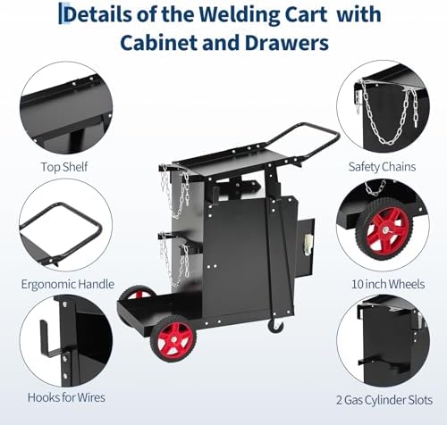 Welder Cart with Drawers and Cabinet, Heavy Duty Welding Cart with Safety Chains and Cylinder Slots for Mig/Tig Welder and Plasma Cutter,220 LB Weight Capacity