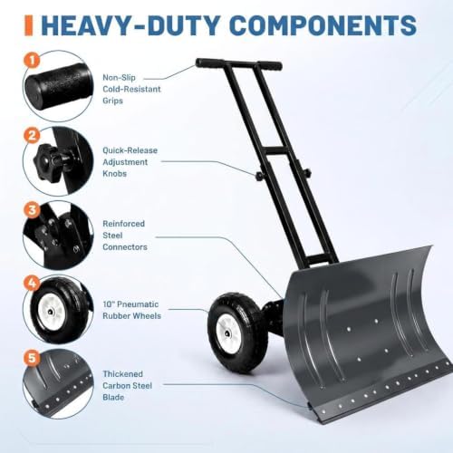 GarveeLife Wheeled Snow Shovel - 29in Steel Blade, 10in Wheels Gray/Black