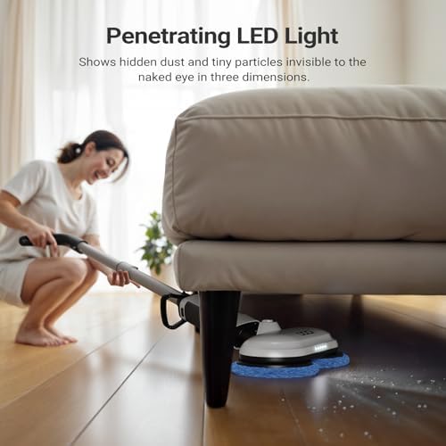 iDOO Electric Cordless Spin Mop, Electric Mops for All Floor with Sprayer & LED Headlight, Quiet Self Propelled, Water Tank 4 Replaceable Heads, for Women