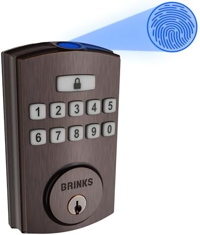 Brinks Fingerprint Door Lock, Keyless Entry Biometric Lock, Electronic Keypad Fingerprint Deadbolt with Auto-Locking, Front Door Lock and Interior Knob Set, Easy Installation, Tuscan Bronze