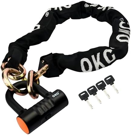 OKG Heavy Duty Chain Lock - 4 Keys, 11lbs, 4 ft x 1/2 in (12mm) Thick Cinch Security Chain Combo 11/16" (18mm) Small U Lock for Motorcycles, Mopeds, E-Bikes, Trailers, ATVs, etc.