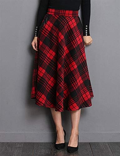 IDEALSANXUN Womens Plaid Wool Skirts Elastic Waist A-Line Pleated Tartan Long Skirts