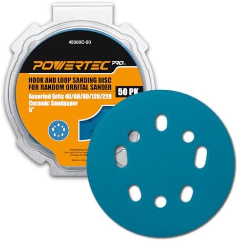 POWERTEC PRO 50PK, 5 Inch Sanding Discs Hook and Loop, 40/60/80/120/220 Grit, Ceramic Orbital Sander Sandpaper for 5 & 8 Hole Random Orbital Sanders - Automotive, Paint, Metal, Woodworking (45300C-50)