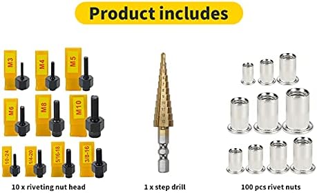 Rivet Nut Tool Hand Nuts Riveter Rivnut Tool Metric and SAE with Step Drill Accessory for Stainless Steel Nuts M3 M4 M5 M6 M8 M10 10-24 1/4-20 5/16-18 3/8-16 (Stainless_Steel)