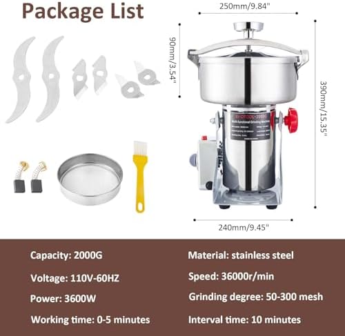 BI-DTOOL Electric Grain Mill Grinder 3600W Dry Material Grinding Machine 2000g Stainless Steel Pulverizer 36000r/min High-speed Grain Mill 270° swingable Superfine powder for Home and Commercial 2000g