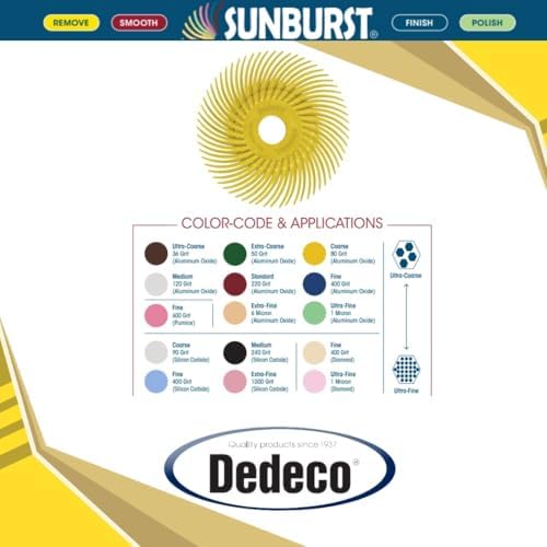 Dedeco Sunburst Radial Bristle Discs 12-Pack - 4" Curved - 3/8" Arbor - Yellow 80 Grit (Coarse) - Aluminum Oxide for Polishing & Finishing