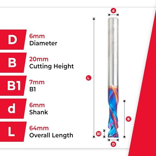 Amana Tool Spektra Extreme Tool Life Coated Solid Carbide CNC Compression Spiral Router Bit, 48304-K, 6mm D x 20mm CH x 6mm Shank x 64mm Long