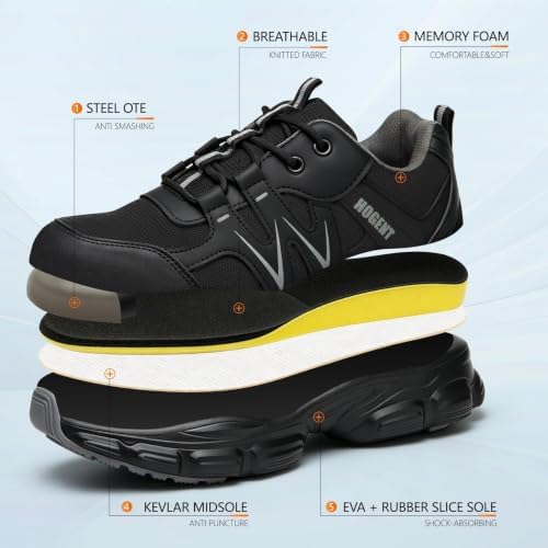 Hogent Steel Toe Shoes for Men Women - Non Slip & Lightweight Work Shoes