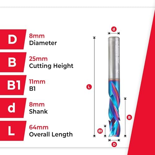 Amana Tool Spektra Extreme Tool Life Solid Carbide CNC Compression Spiral Router Bit, 48323-K-M, 8mm D x 25mm CH x 8mm Shank x 64mm Long 3 Flute