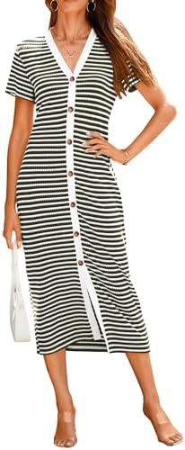 BTFBM Women Casual Summer Dresses Short Sleeve Striped Midi Dresses