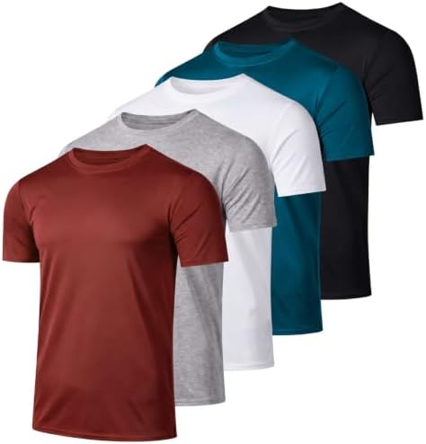 5 Pack Men's Dry Fit Workout T Shirts Crew Neck Athletic Gym Running Tees