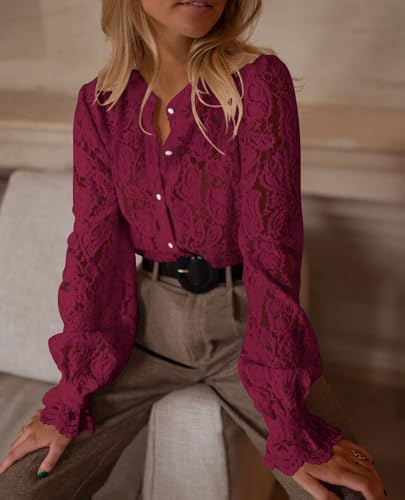 PRETTYGARDEN Women's Fall Trendy Long Sleeve Lace Tops