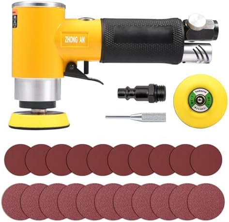 2/3 inch Mini Orbital Sander Pneumatic Palm da sander Air Polisher Super Smooth and Swirl Freely for Auto Body Work Wood working with 20 PCS Sanding Discs,Yellow