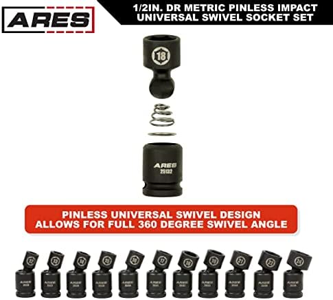 ARES 25125 11-Piece 1/2-Inch Drive Metric Pinless Swivel Impact Socket Set | Chrome-MolySteel, BlackPhosphateCoating, 360-Degree Swivel,Exceeds ANSIStandards, LimitedLifetime Warranty