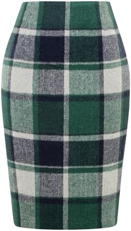 IDEALSANXUN Plaid Skirts for Women Fall Winter Knee Length Pencil Wool Skirt with Slit