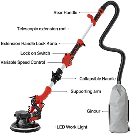 POPULO Drywall Sander with Vacuum, Electric Wall & Ceiling Sander, 800-1800 RPM Variable Speed, Foldable 9-Inch Drywall Vacuum Sander for Drywall Finishing, Popcorn Ceiling Removal & Wall Sanding