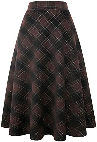 IDEALSANXUN Womens Plaid Wool Skirts Elastic Waist A-Line Pleated Tartan Long Skirts