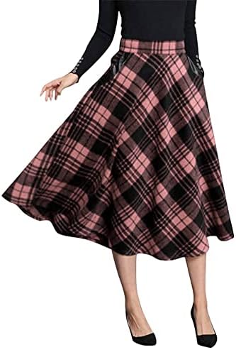IDEALSANXUN Womens Plaid Wool Skirts Elastic Waist A-Line Pleated Tartan Long Skirts