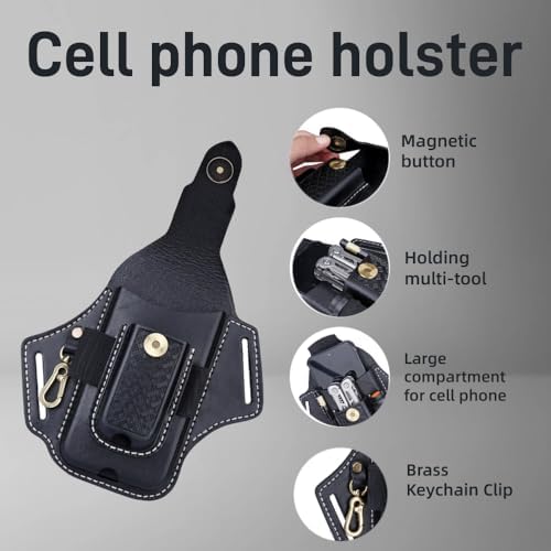 Leather Cell Phone Holster Case Multitool Sheath Flashlight Belt Pen Holder