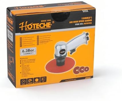 Hoteche 5" Air High-Speed Sander, 18000RPM Pneumatic Rotary Sander with 4", 5", 6" Sanding Discs, Polished Aluminum Body, Silver, Color Box Packaging