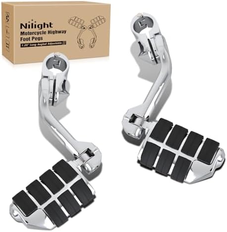 Nilight 1.25" Motorcycle Highway Pegs For Harley Davidson Touring Road King Street Glide Sportster Adjustable Long Angled Foot Pegs Universal For 1-1/4" Engine Guard Crash Bars Highway Footpegs Chrome