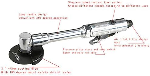 Long Handle Angle Grinder, 18000 RPM Air Angle Grinder,Pneumatic Cutting Machine, 3"/75mm Cutting Blade w/180 Degree Metal Safety Cover, Grinder Polisher Pneumatic Tool (US Stock)