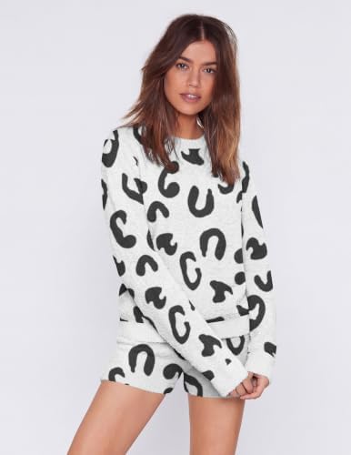 Ekouaer Fuzzy Fleece Pajamas 2 Piece Warm Soft Lounge Set Long Sleeve Sweater Top and Shorts Loungewear Outfits Sweatsuits