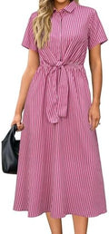 Newshows Women's Work Business Casual Outfits Tie Waist Midi Shirt Dress