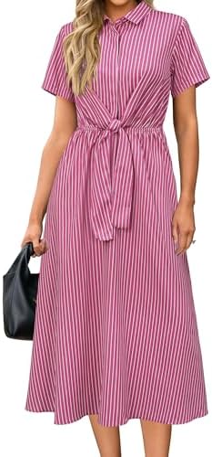 Newshows Women's Work Business Casual Outfits Tie Waist Midi Shirt Dress